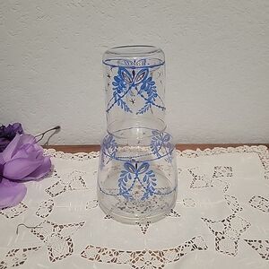 Vintage Tumble Up Bedside Carafe and Water Glass Set Blue Laurels on Clear Glass
